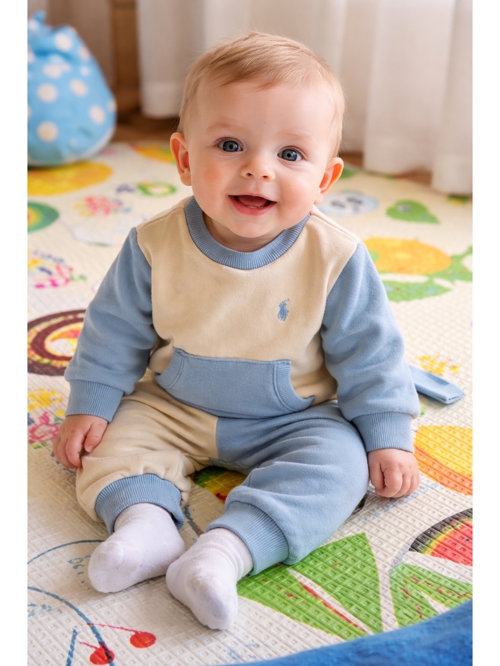2/50 Ralph Lauren Baby Two-Tone Blue & Cream Sweat Jumpsuit